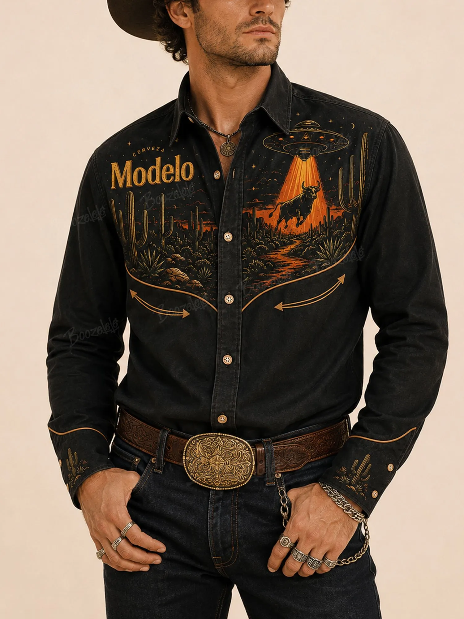 Spring/Summer 2026, Midnight Black, Surreal Alien Bull Graphic, Soft Cotton, Retro Western Long Sleeve Shirt-100% Cotton