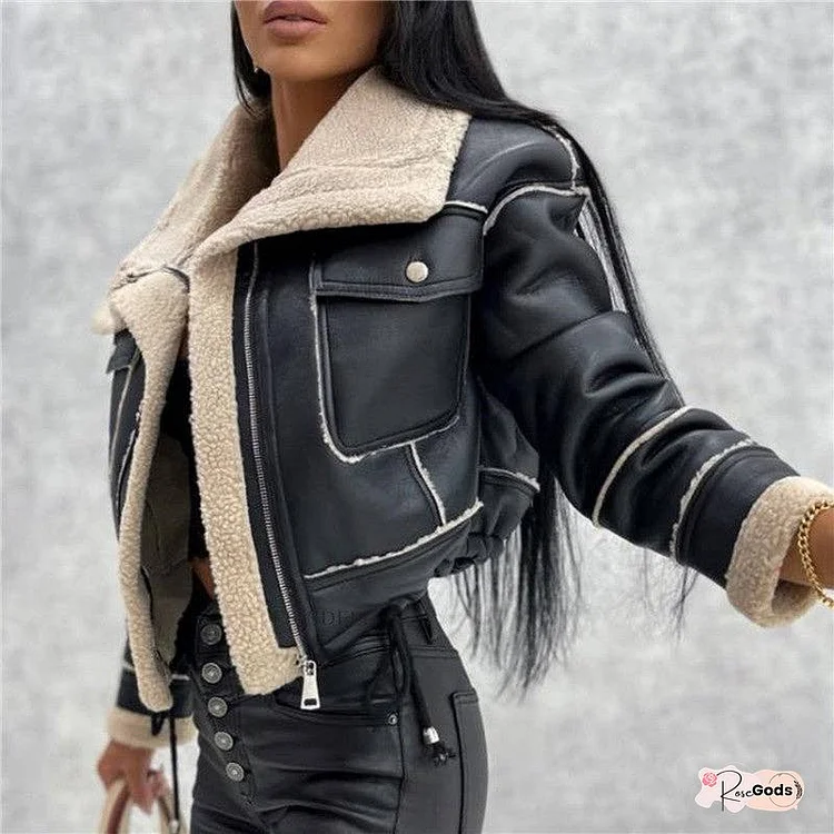 Solid Color Lamb Wool Zipper Short Coat