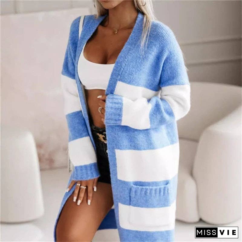 Loose-Fitting Color Block Long Knit Cardigan Sweater