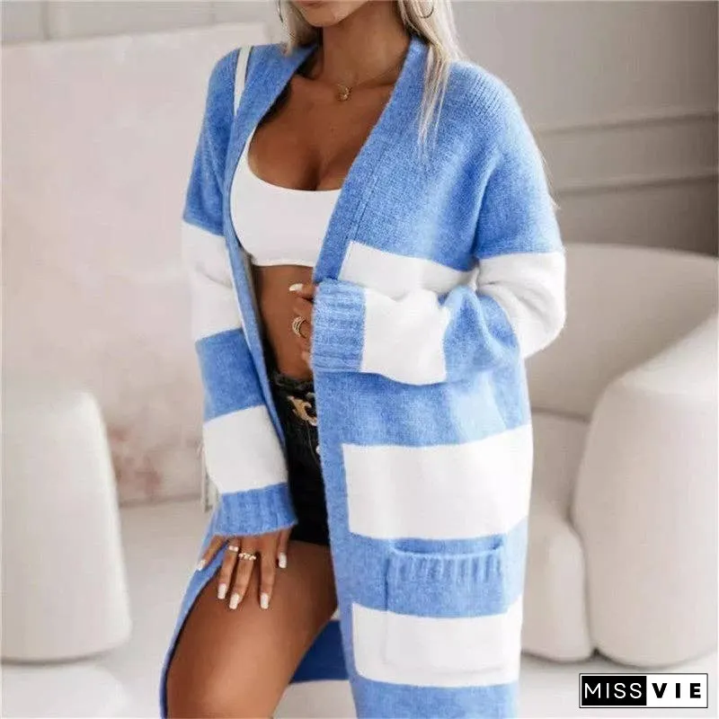Loose-Fitting Color Block Long Knit Cardigan Sweater