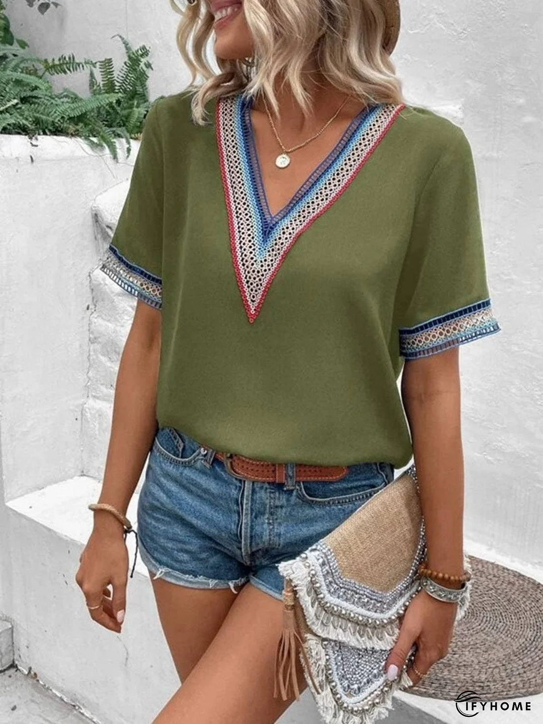 Full Size V-Neck Short Sleeve Blouse | IFYHOME