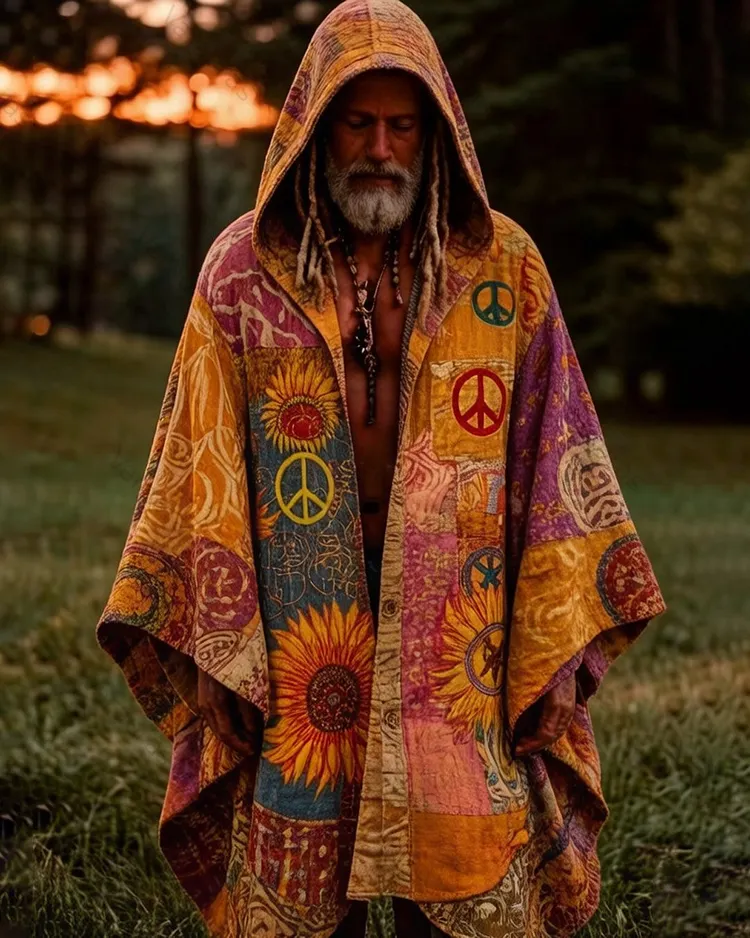 Men's Summer Fashion Hippie Style Star and Moon Embroidered Linen Cardigan Hooded Cape  4511