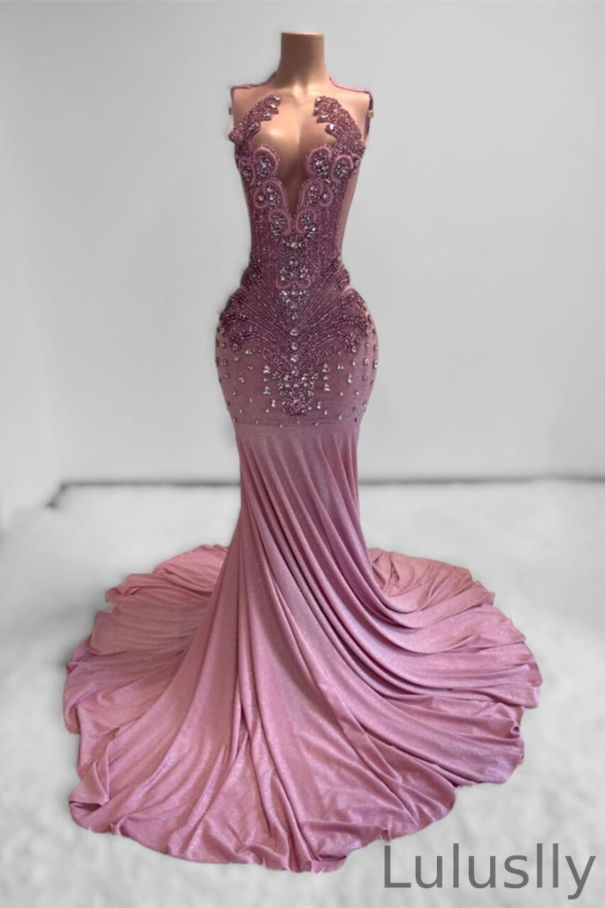 Luluslly Dusty Pink Scoop Sleeveless Mermaid Evening Gown With Beadings Crystals