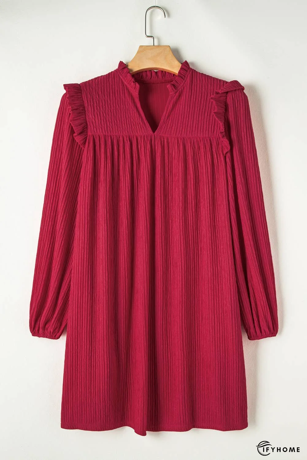 Textured Ruffled Trim V Neck Loose Fit Mini Dress | IFYHOME