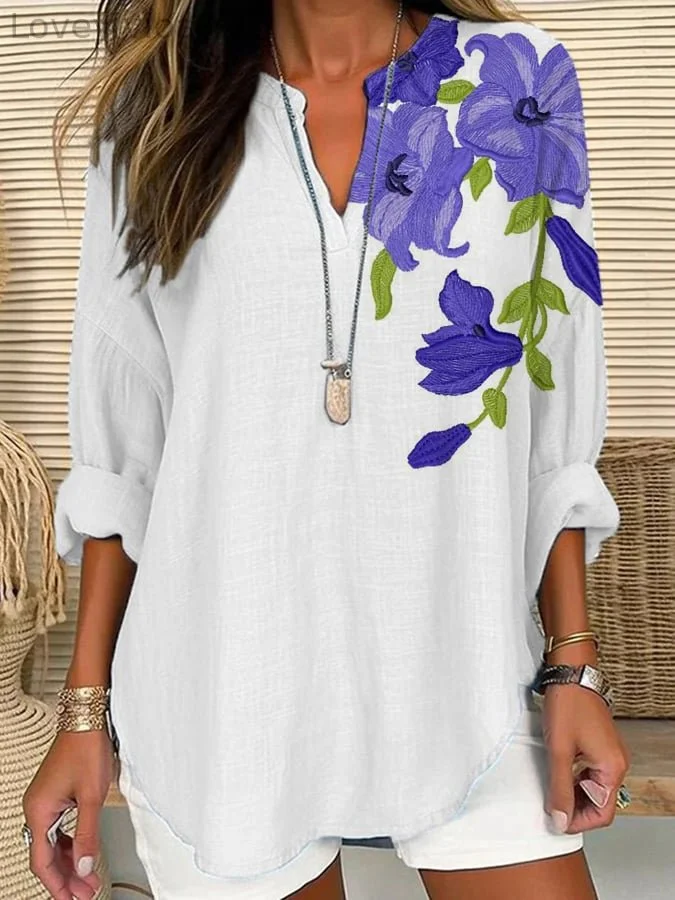 Women's Purple Floral Loose Long Sleeve Crew Neck Top