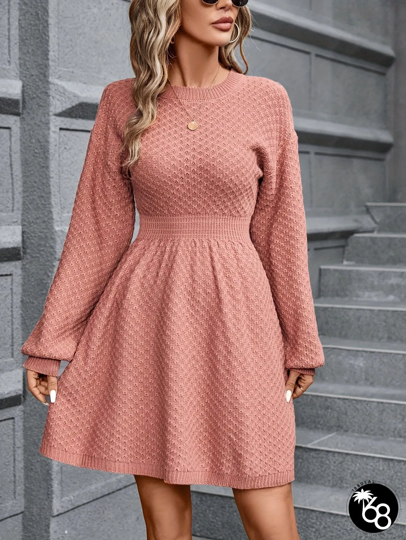 Womens A-Line Dress Long Sleeve Round-neck Solid Color Waist-Cinching Flowy Skirt | 168DEAL