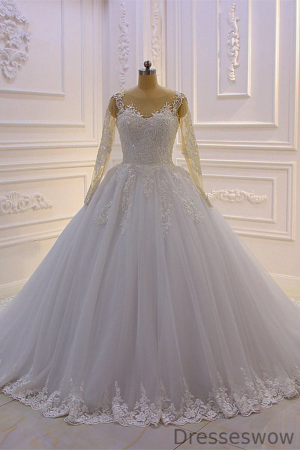 Dresseswow Bateau Long Sleeves Lace Wedding Dresses With Pearl Appliques