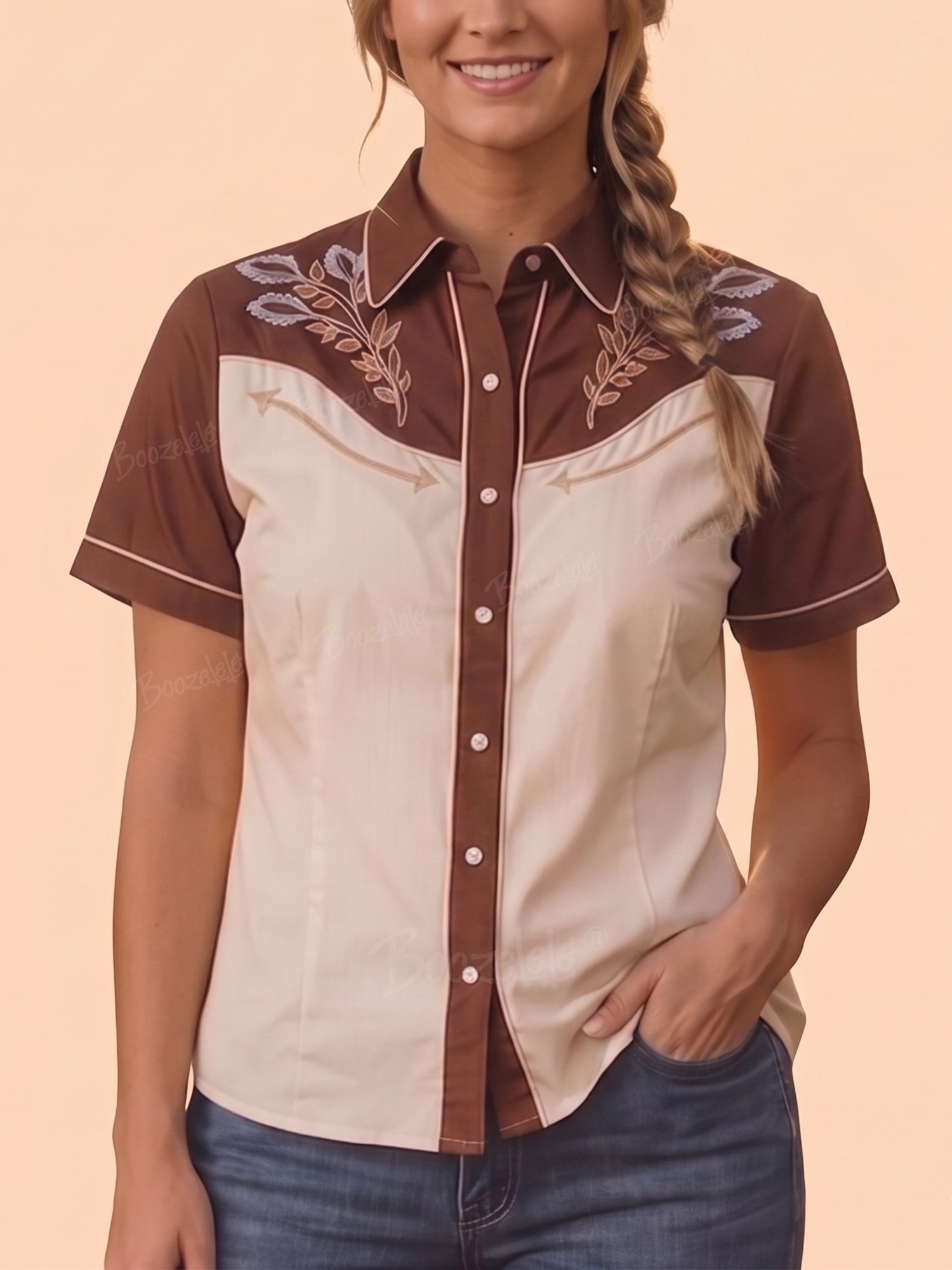 Western-Style Shirt &mdash; Chestnut Brown Color-Blocked Striped Floral Print Short-Sleeved Cotton Shirt