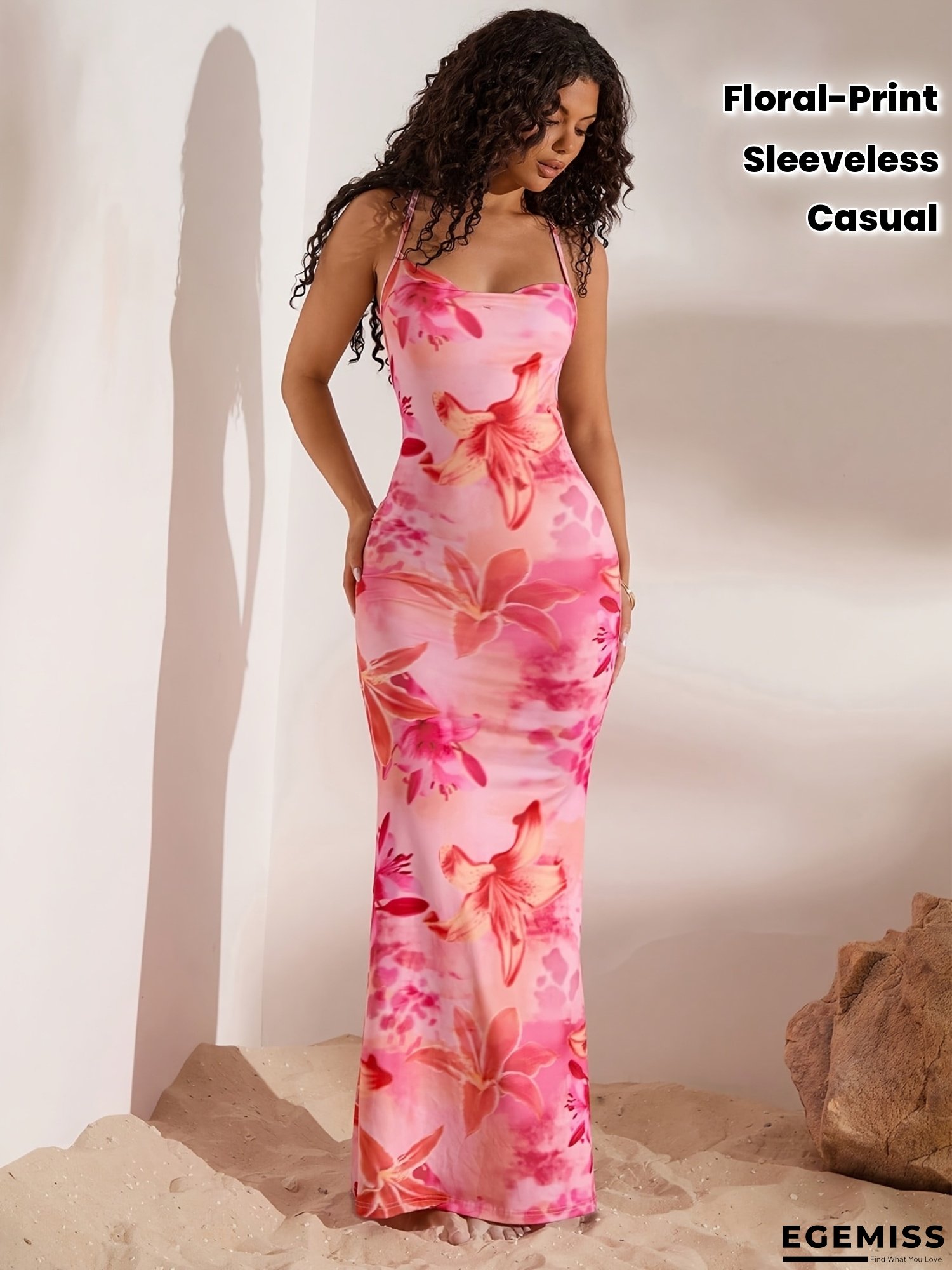 Women's Floral Print Bodycon Maxi Dress - Sleeveless, Backless, Cross Strap, Pink & White Floral Design, Perfect For Vacation, Date Night, Party, Beach, And Casual Wear, Beach Dress | EGEMISS