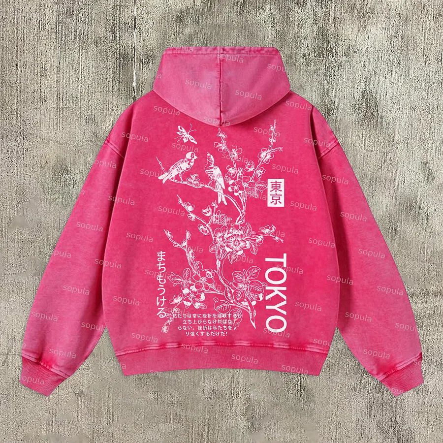 Vintage Tokyo Graphics Acid Washed Oversized Zip-up Hoodie