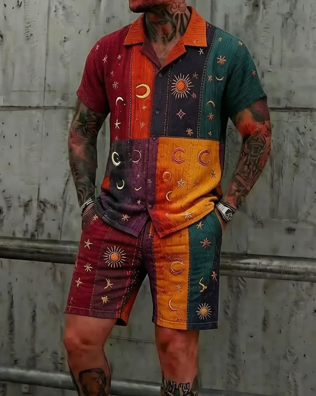 Men's Summer Outdoor Fashion Hippie Star and Moon Embroidered Rainbow Patchwork Top and Shorts Two-Piece Set 6029