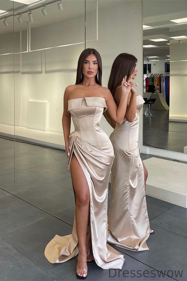 Dresseswow Champagne Strapless Mermaid Evening Dress Split Long