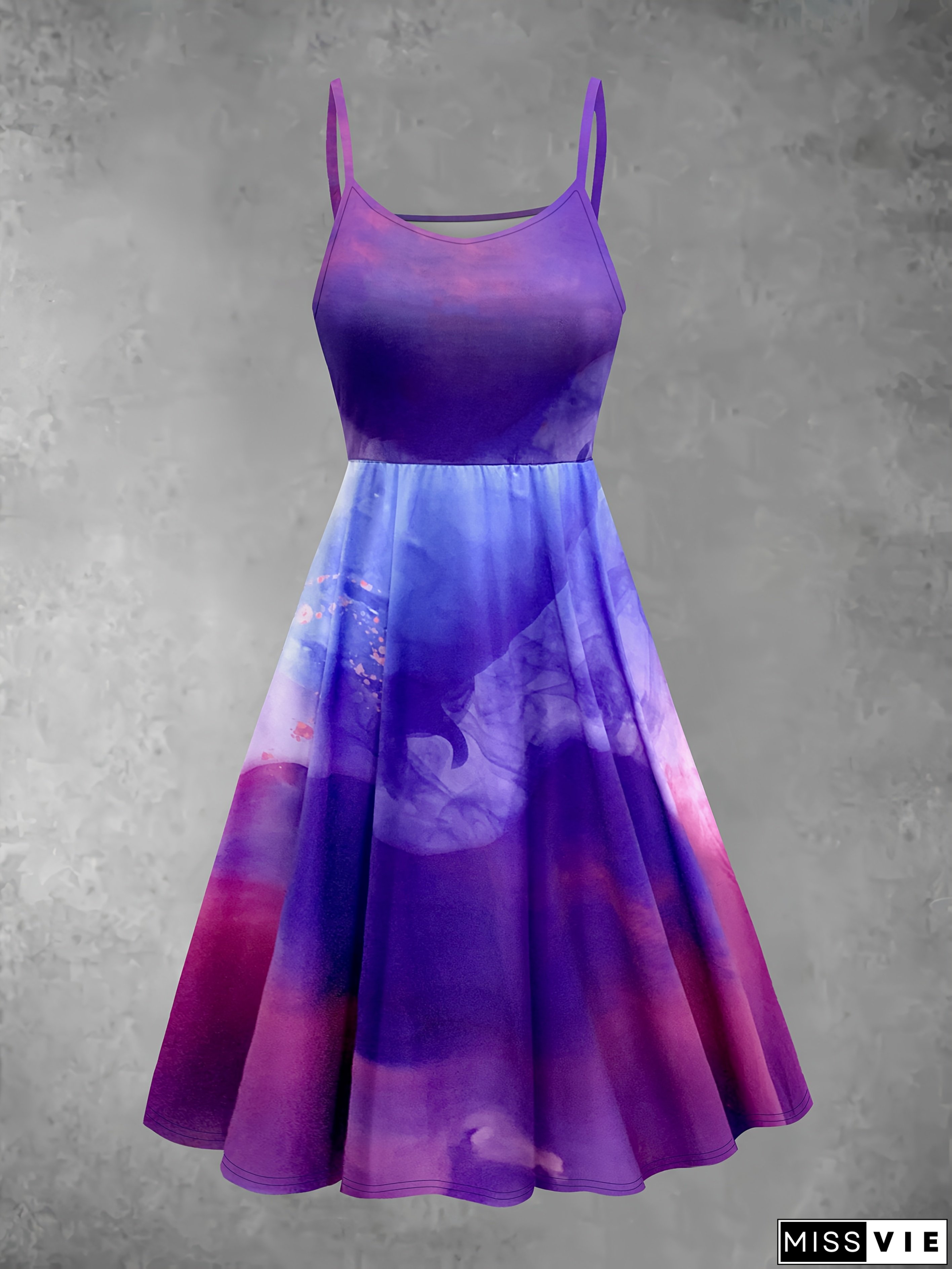 Fashion Women's Flowing Watercolor Gradient Fluid Art Print Gauze Top With V-Neck Dress Set