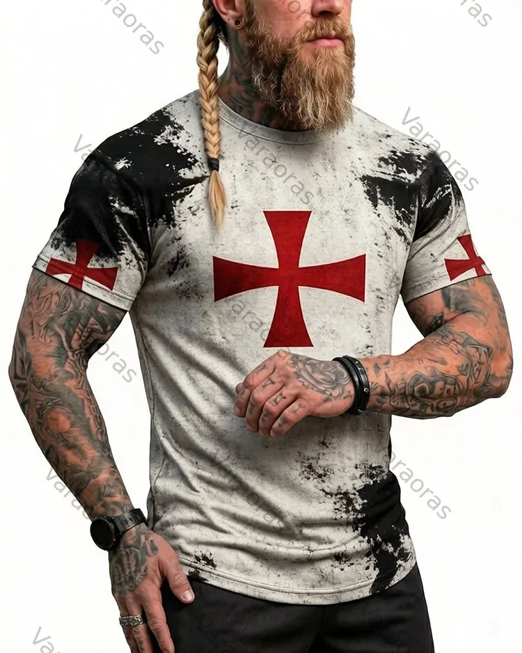 Men's Summer Viking Red Cross Print Short-Sleeve T-Shirt 7940