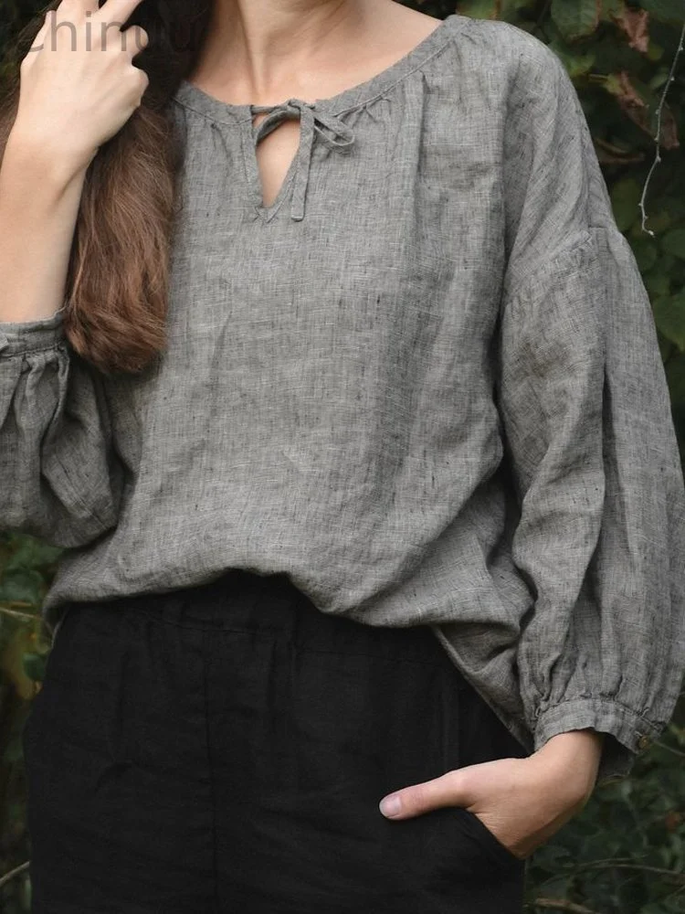 Women's Lantern Sleeve Lace-Up Linen Top