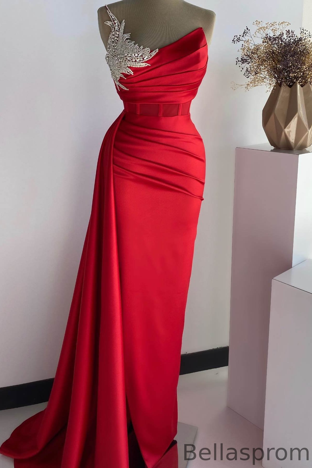 Bellasprom Red One Shoulder Sleeveless Mermaid Prom Dress With Beadings Ruffles Bellasprom