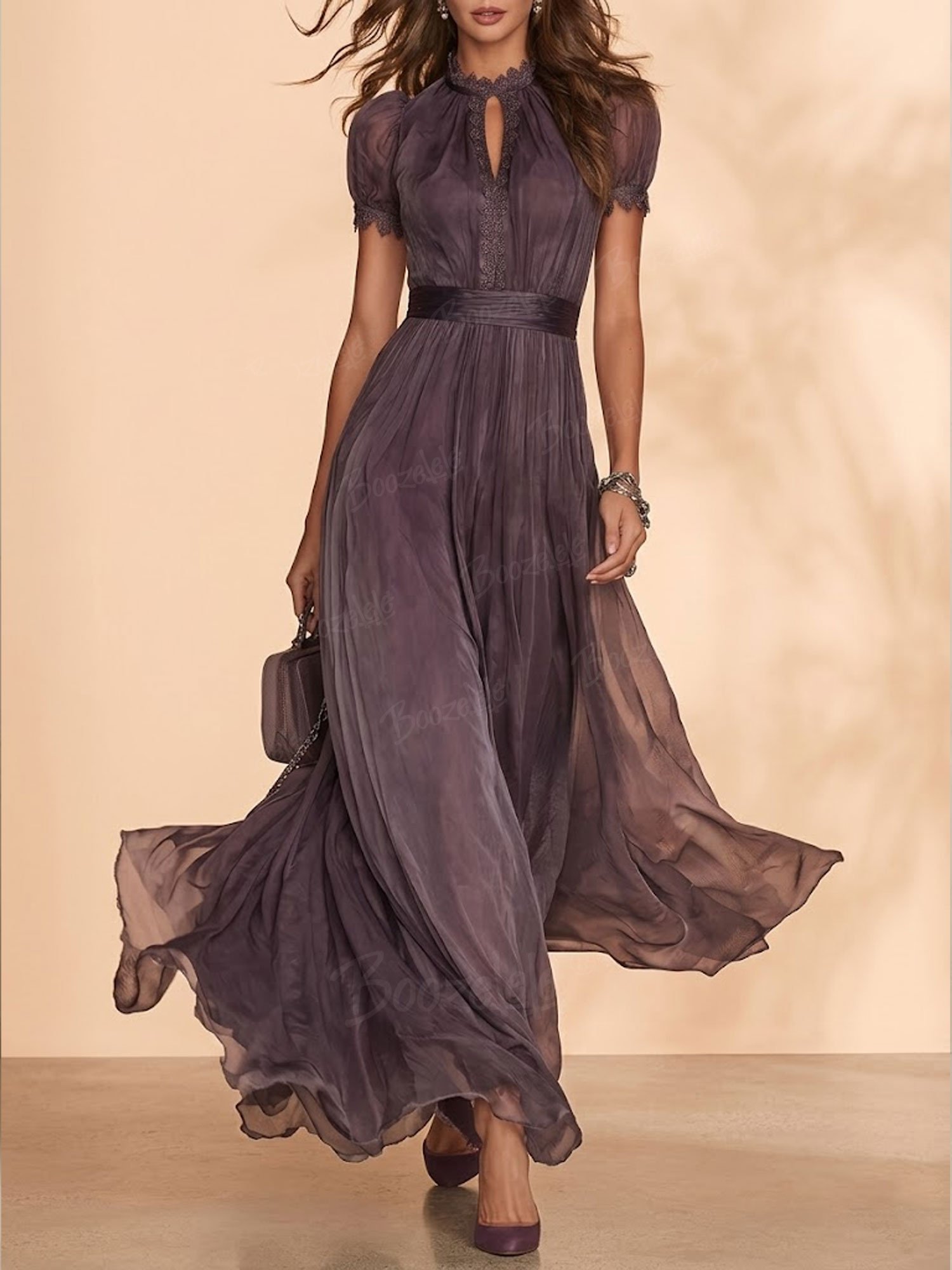 2026 SS Western Romance &mdash; Smoky Mauve Heavy Eyelet Embroidered Sunburst Pleated Maxi Dress