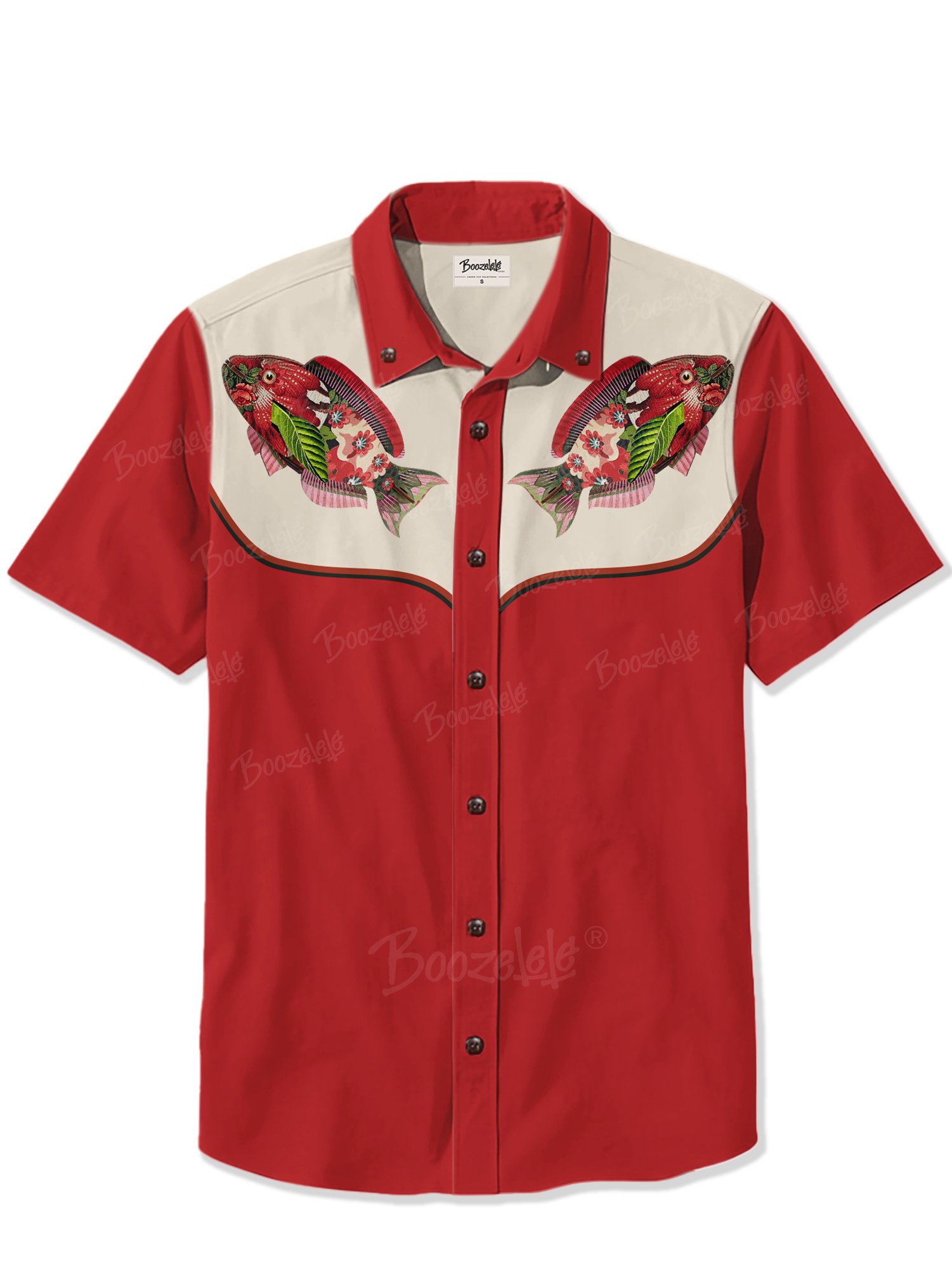 Red Fish With Green Leaves And Flowers - 100% Cotton Shirt
