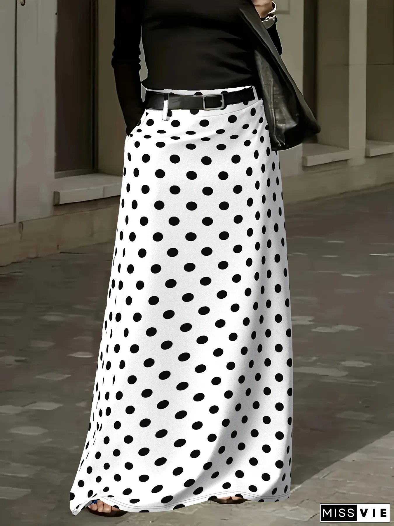 Womens High-Waisted Polka Dot Maxi Skirt Black White Geometric Pattern Lightweight Fabric