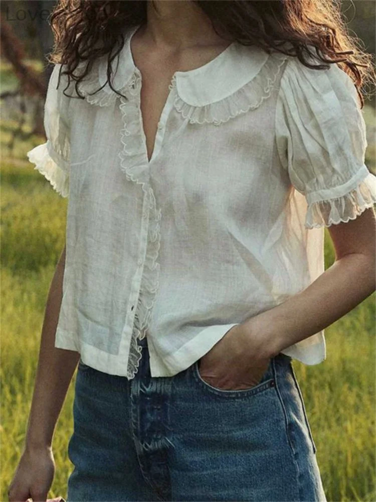 Flowy Ruffle Trim Puff Short Sleeve Blouse