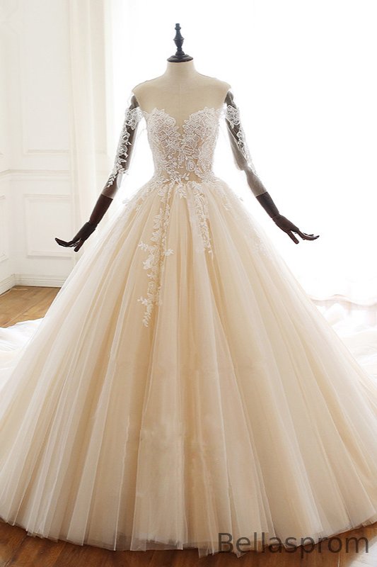 Bellasprom Beautiful Sleeves Ball Gowns Sweetheart Long Wedding Gown With Lace Appliques Bellasprom