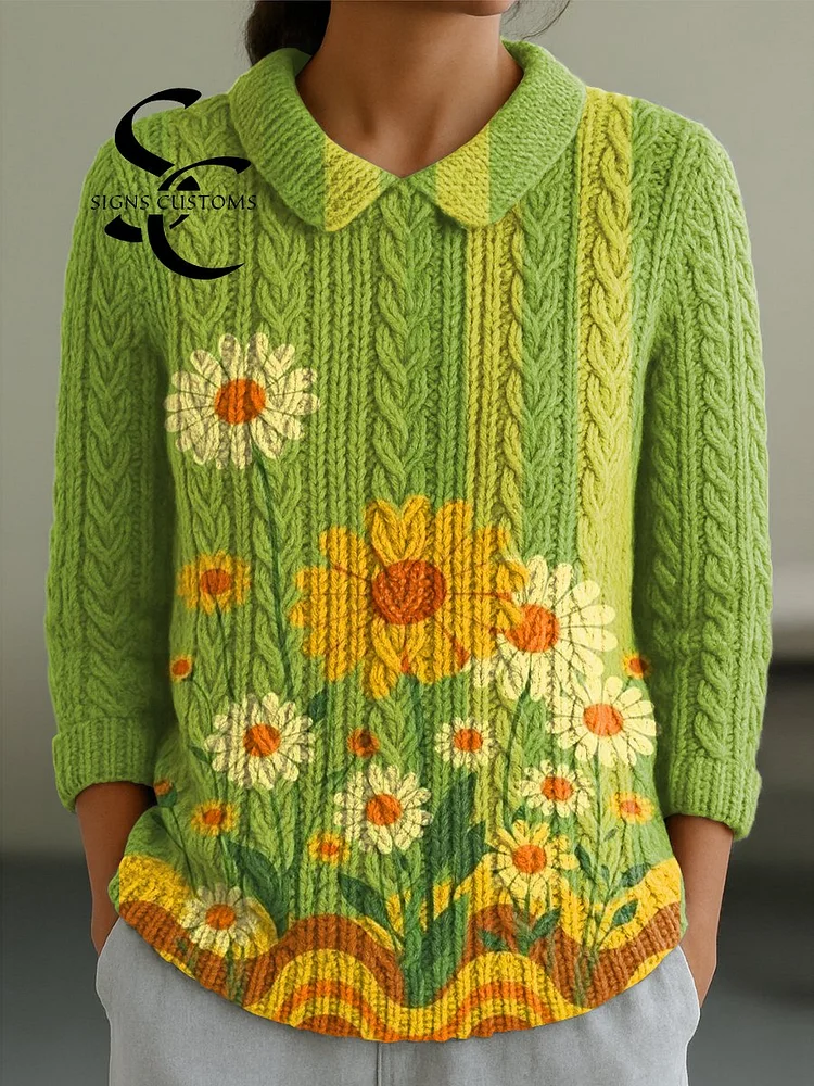 Women's Beautiful Sunflower Flower Painting Art Print Casual Peter Pan Collar 3/4 Sleeve Sweater