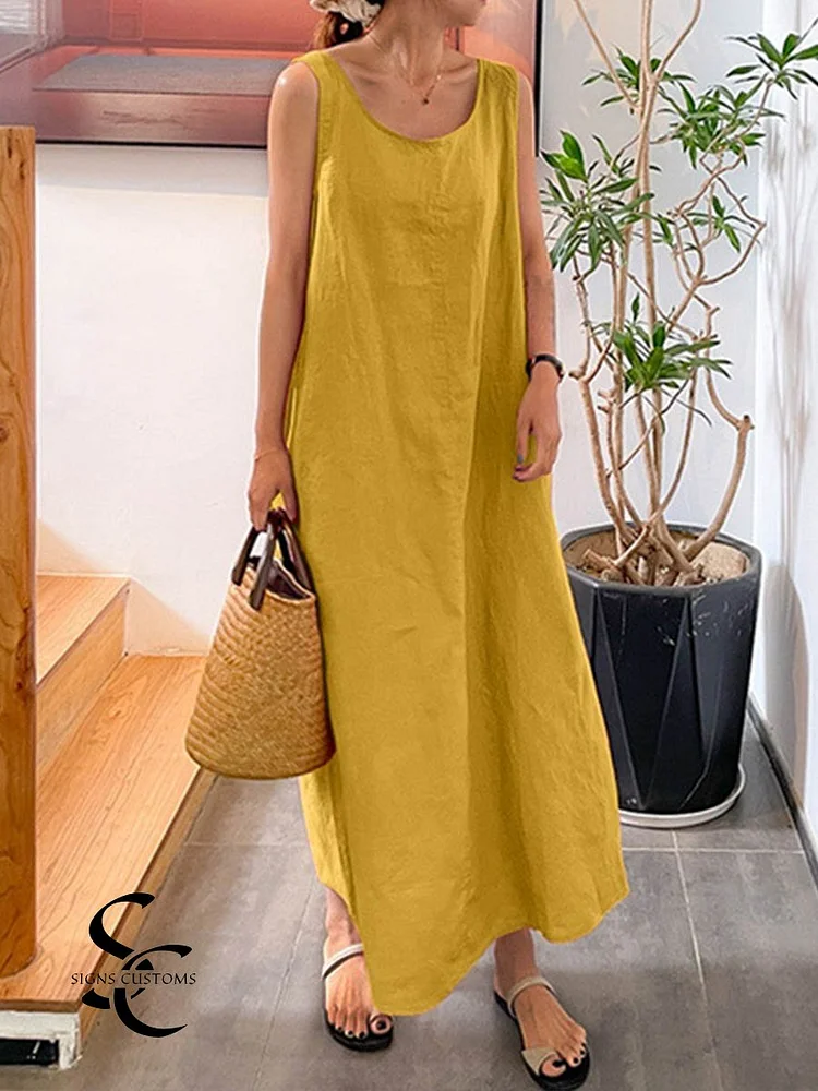 Women's Summer Round Neck Sleeveless Vest Casual Cotton and Linen Dress