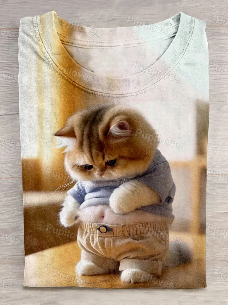 Pupiloves Pupiloves Cute Kitty Art Print Causal Short Sleeve T-shirt