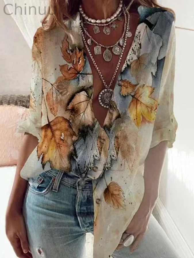 Women's Autumn Leaves Print Casual Shirt
