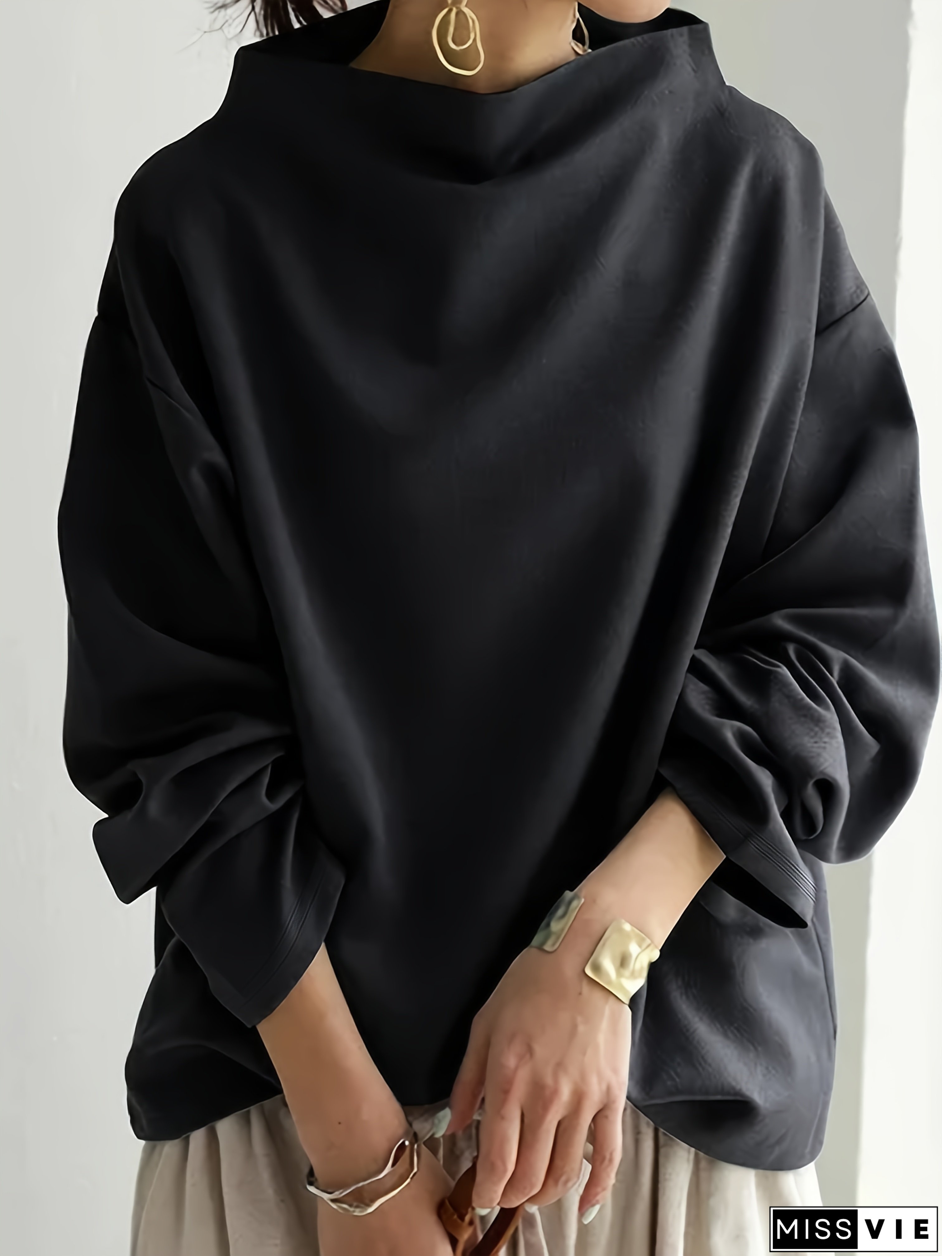 Soft Comfortable Womens Casual Long Sleeve Sweatshirt Solid Color Loose Fit Stand Collar