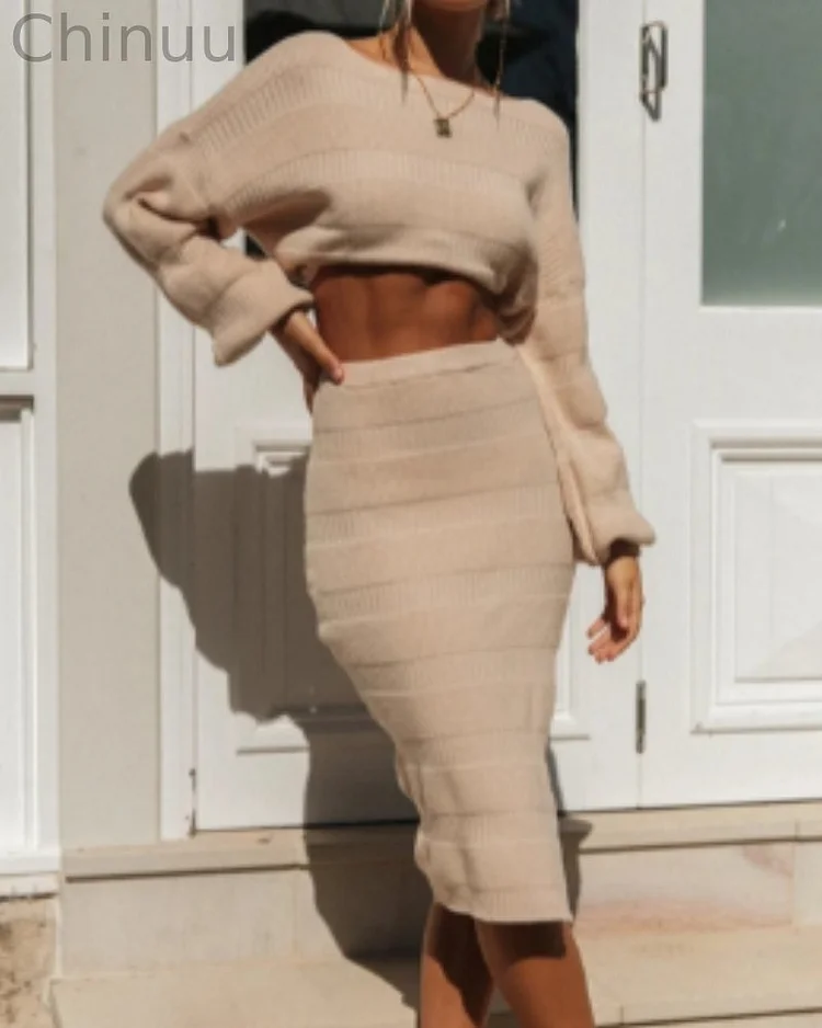 Fashion Casual Long Sleeves Knit Sweater Set