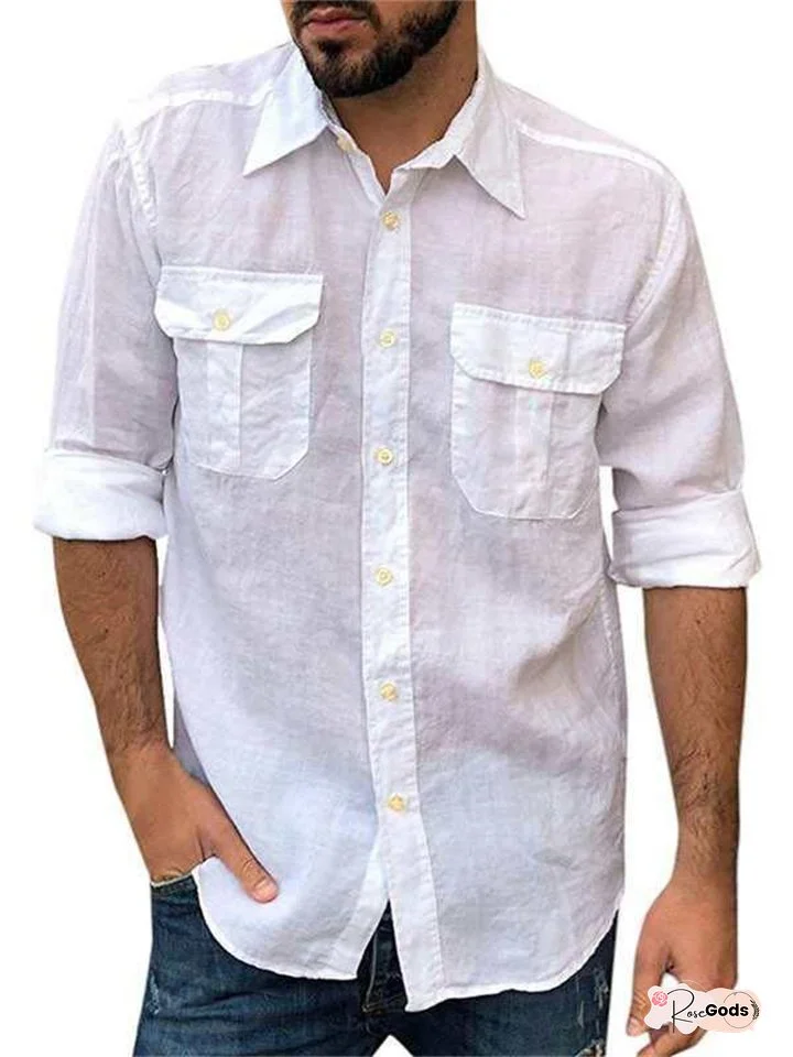 Men's Cotton Linen Material Long-sleeved Shirt Casual Men's Top White Blue Black Khaki Color
