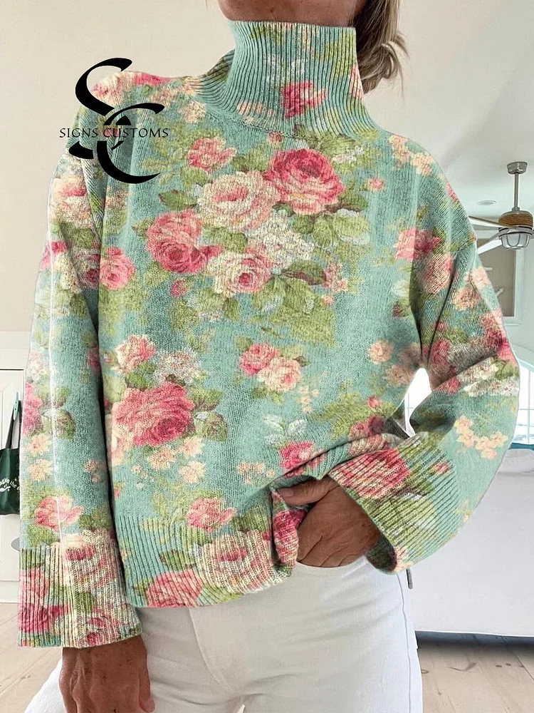 Women's Vintage Lovely Floral Pattern Art Print Knit Turtleneck Pullover Sweater