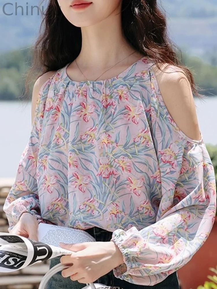 Off-shoulder Halter Neck Chiffon Shirt