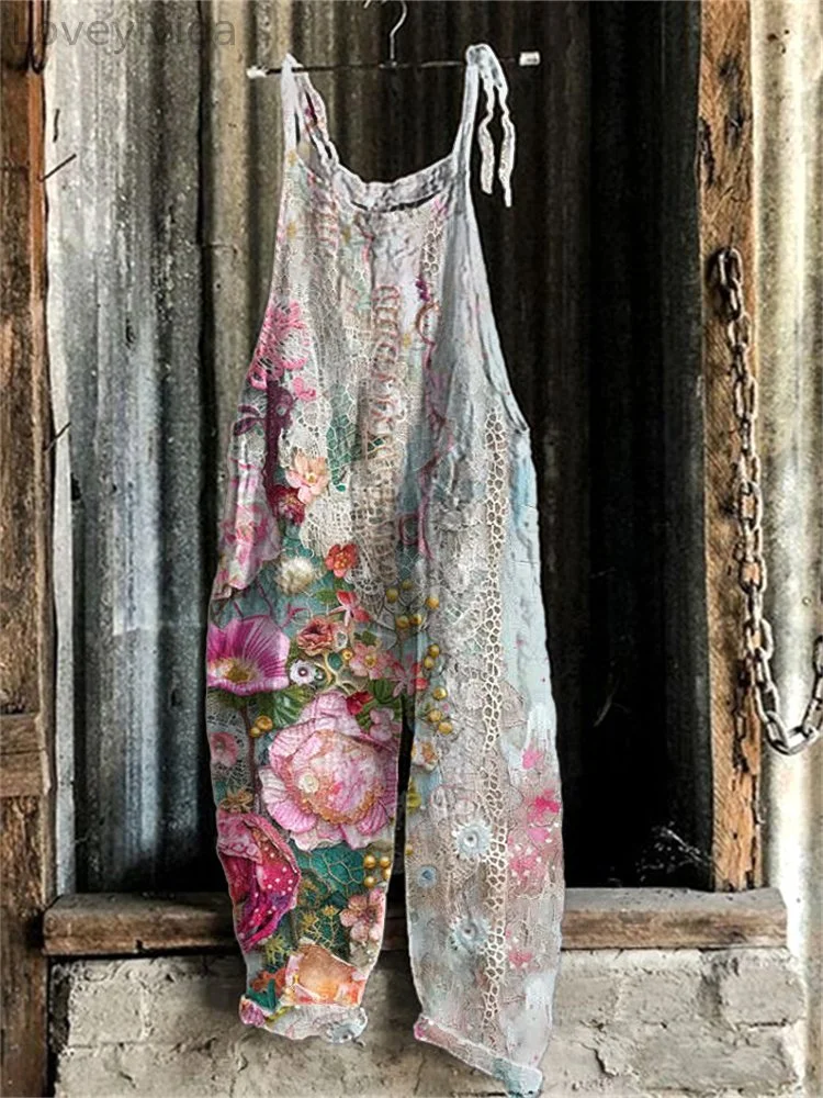 Vintage Floral Print Linen Blend Casual Jumpsuit