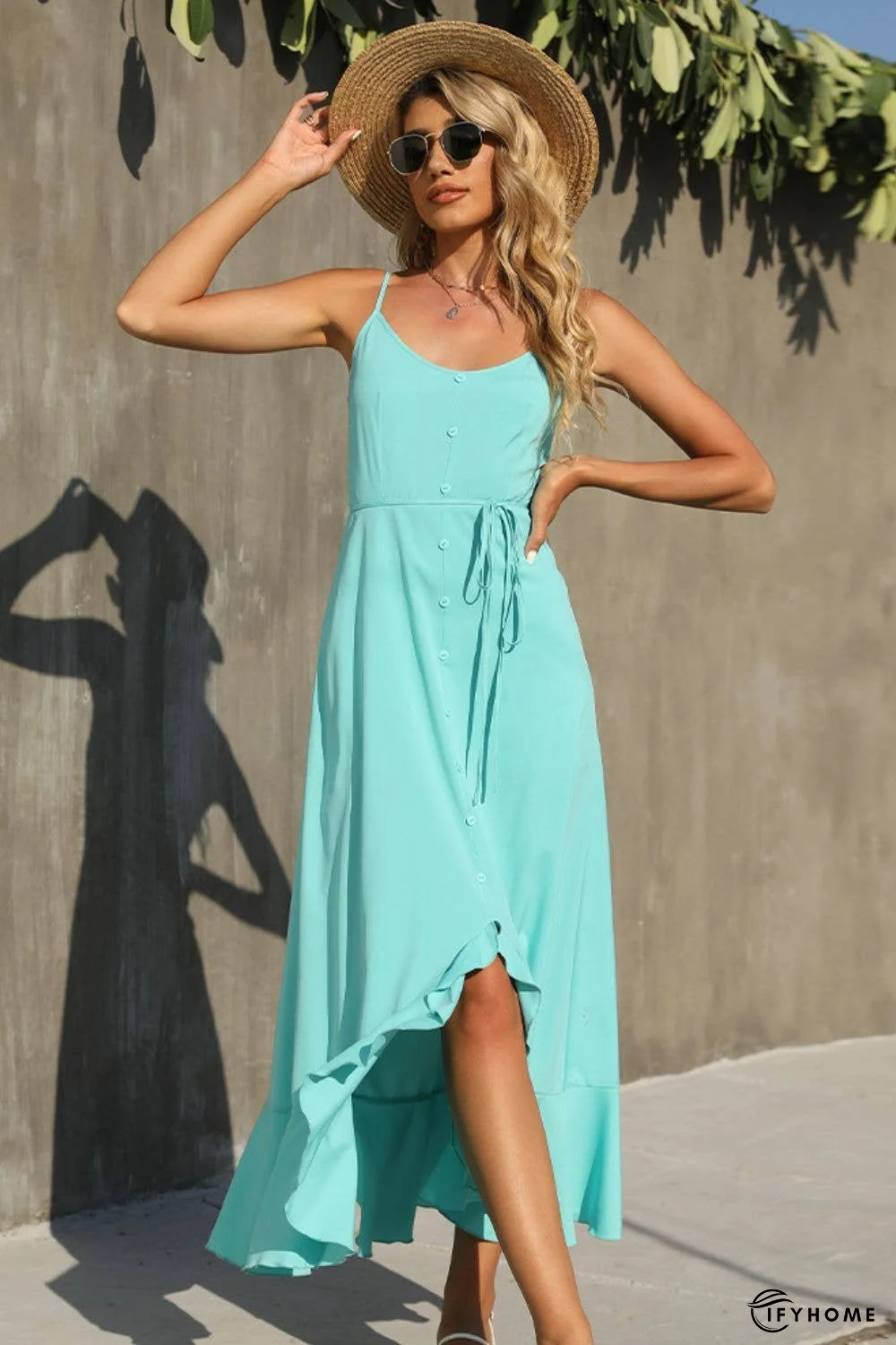 Decorative Button Spaghetti Strap Ruffle Hem Dress | IFYHOME