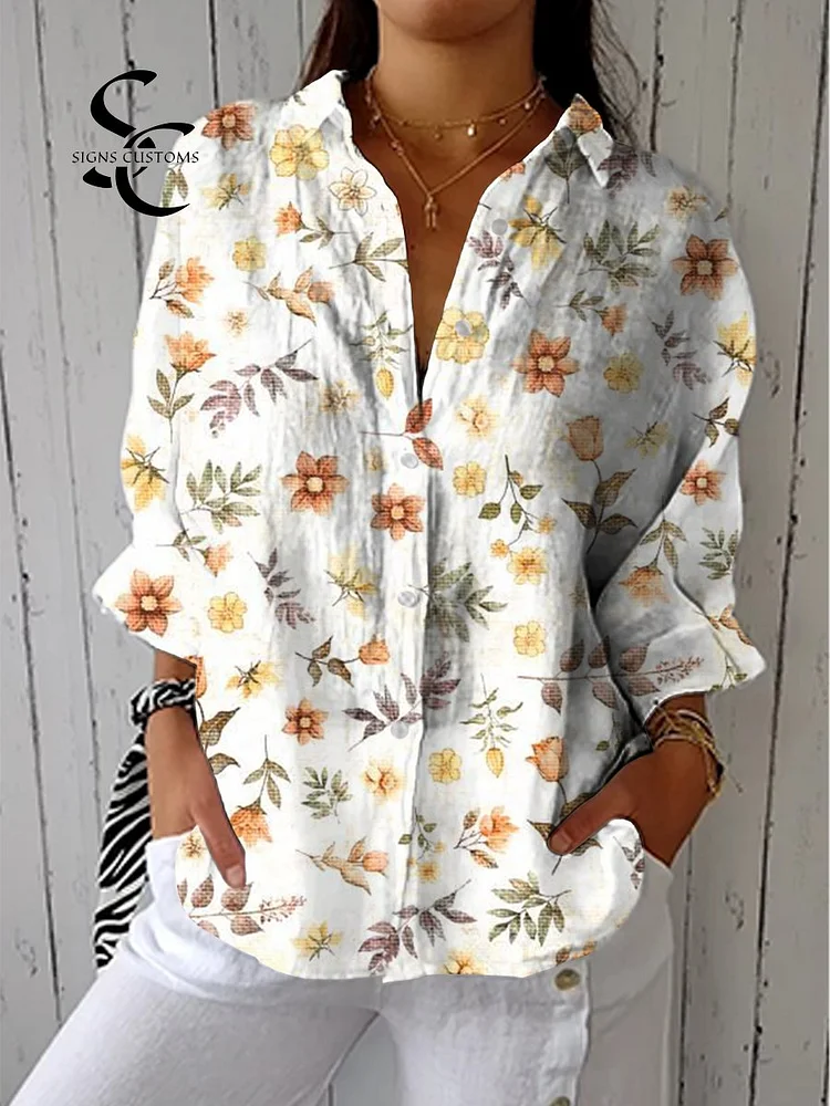 Women's Artistic Minimalist Flower Print Casual Linen V-neck Shirt