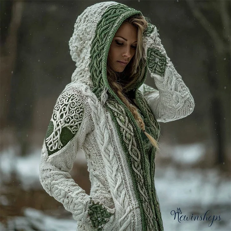 Vintage Viking Tree Of Life Celtic Contrast Hooded Chunky Cardigan