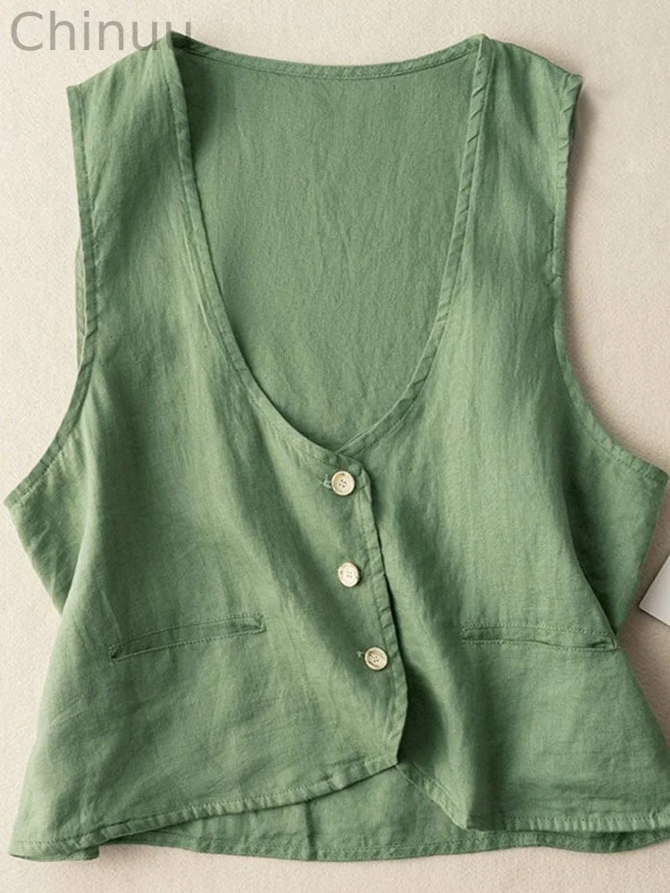 Vintage Linen Blend Pocket Vest