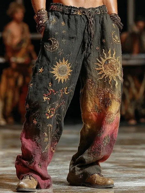 Men's Sun Boho Art Print Loose Drawstring Waist Pants 3402