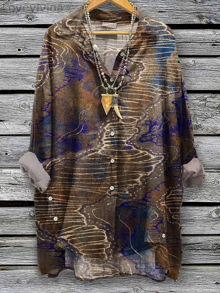 Women's Vintage Rock Texture Pattern Art Print Casual Cotton And Linen Shirt