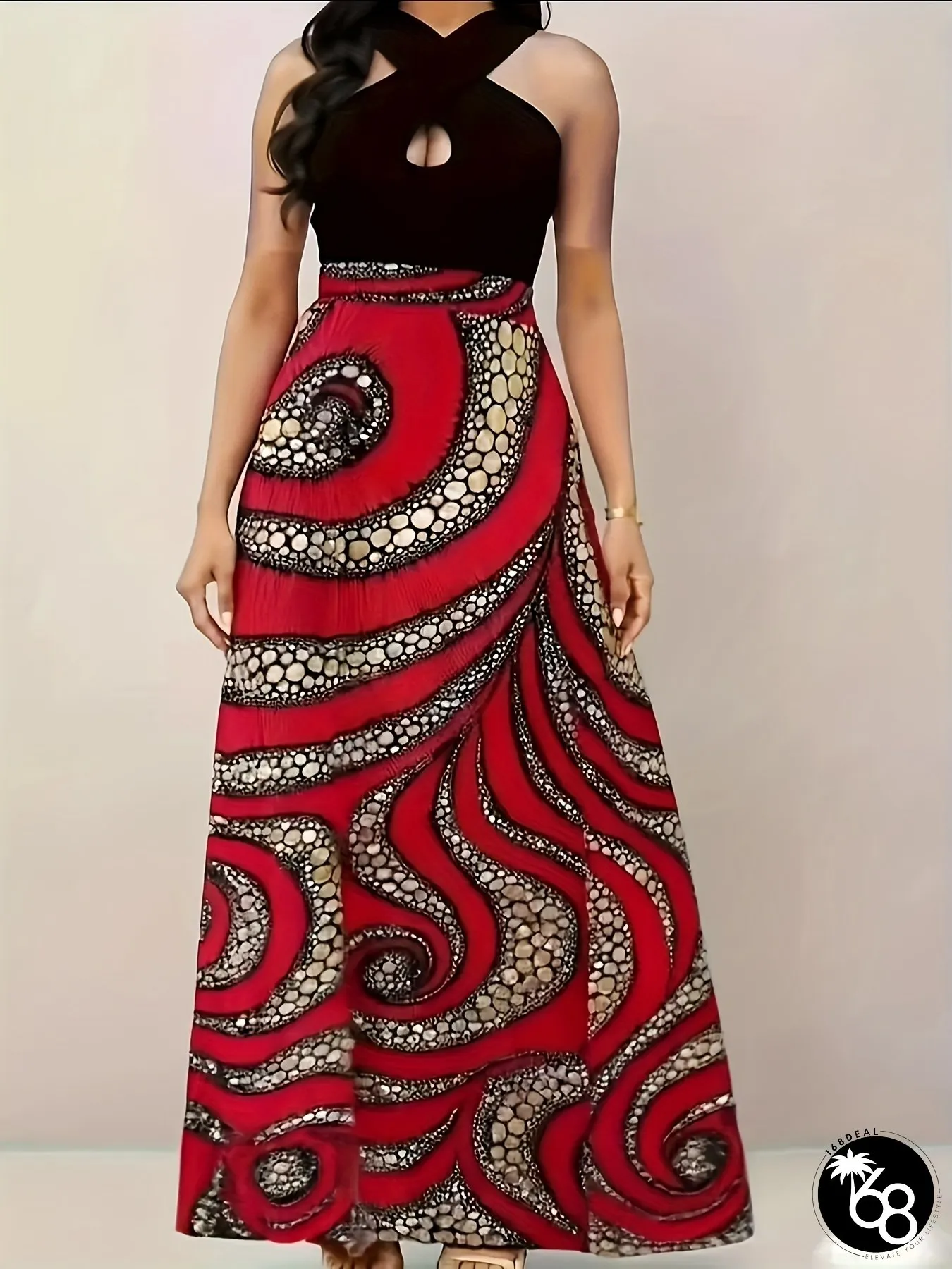 Womens Paisley Print A-Line Dress With Cross Neckline Vibrant Red Black Stretchy | 168DEAL