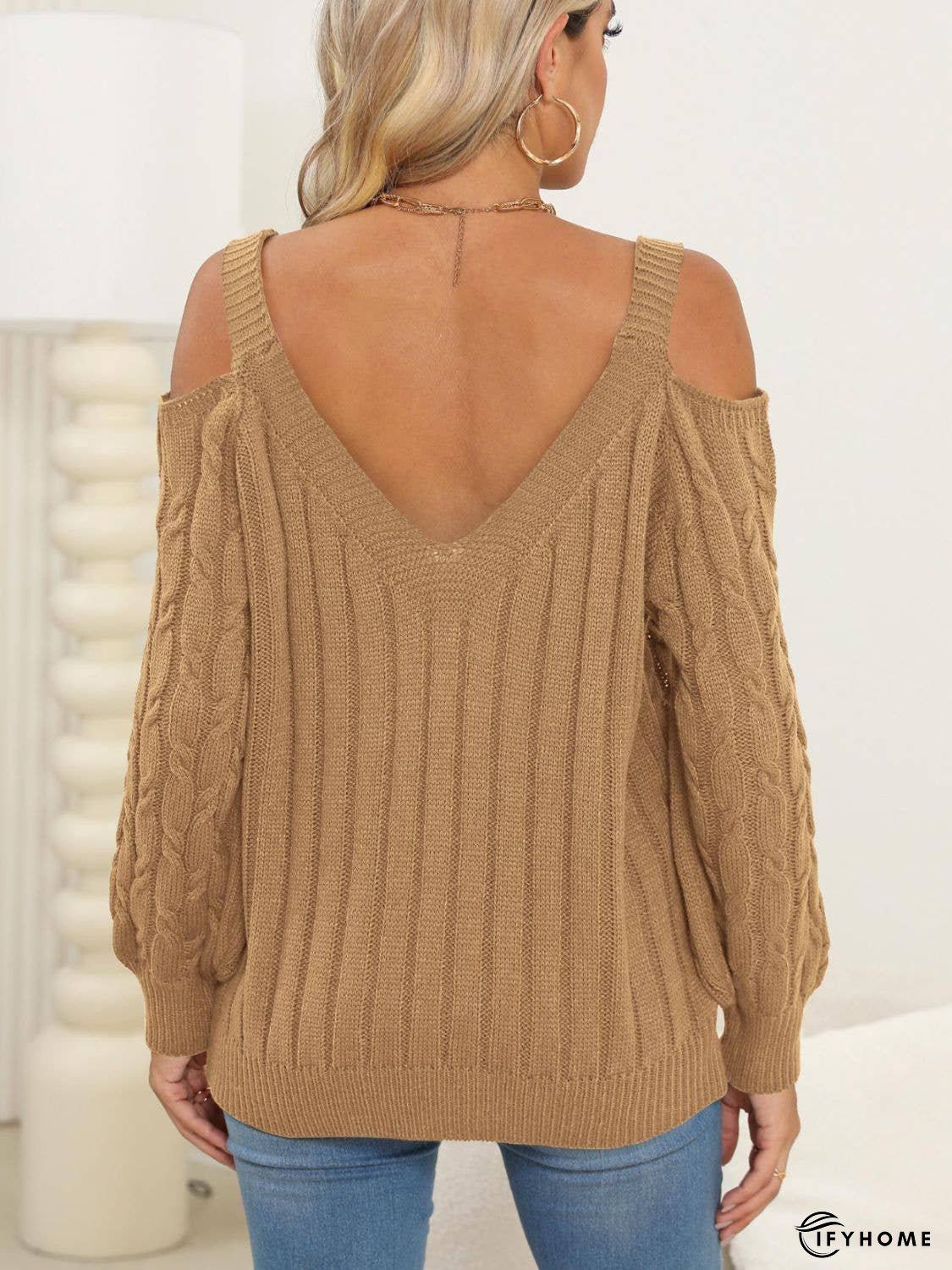 Cable-Knit V-Neck Long Sleeve Sweater | IFYHOME