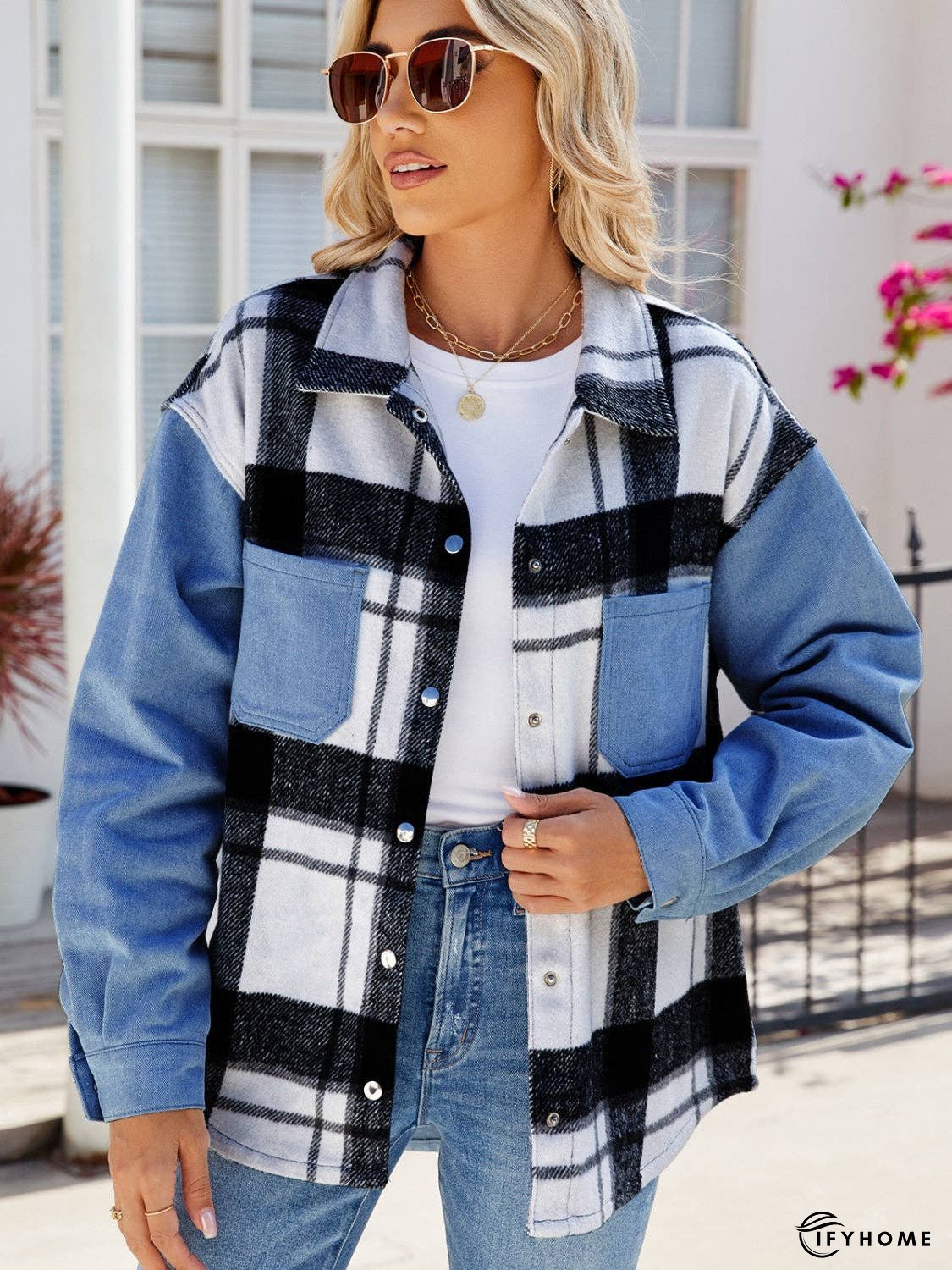 Pocketed Plaid Snap Down Denim Jacket | IFYHOME