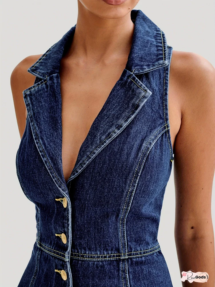 Women's Sleeveless Denim Dress - V-Neck Middle-Row Golden Buttons Adjustable Fit Short Summer Dress for Casual Outings, Parties & Vacations, Vacation Attire, Solid Color Fashion