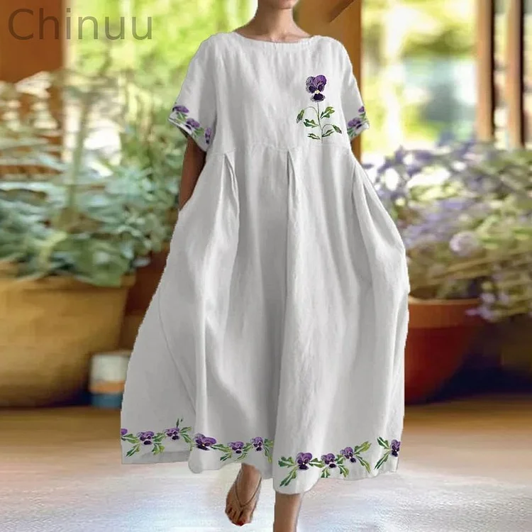 Women's Purple Floral Pansy Print Casual Dress