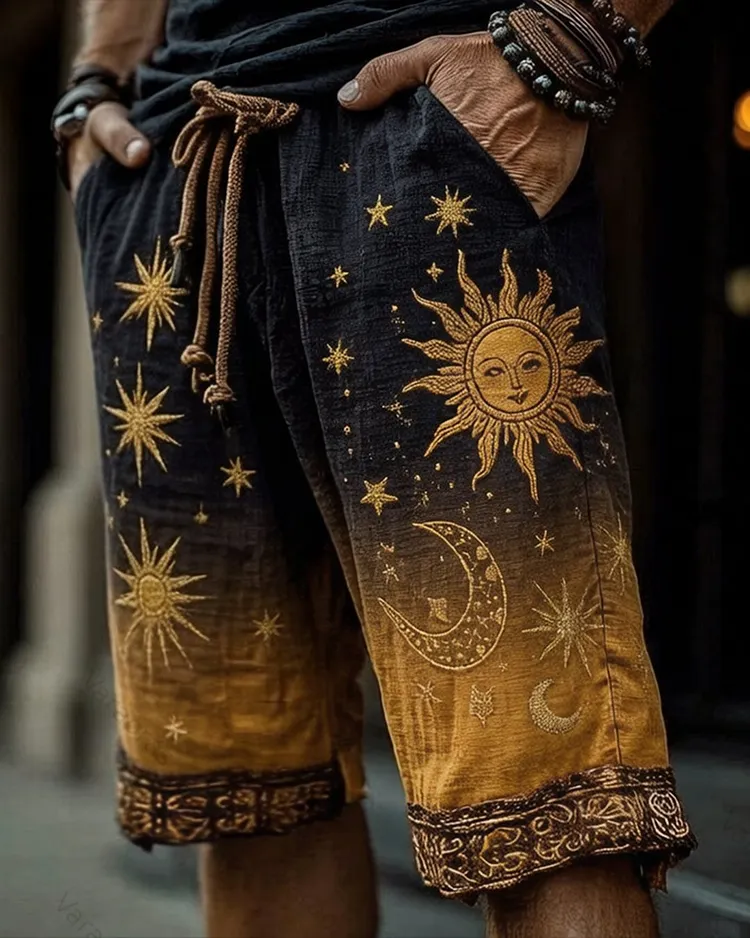 Men's Gradient Star and Moon Embroidered Shorts 9456