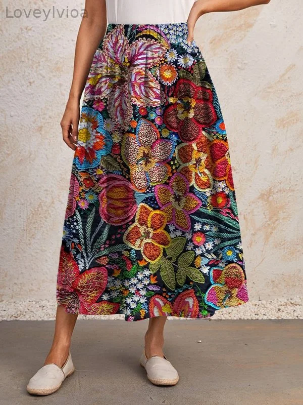 Women's Floral Embroidery Art Print Vacation Skirt?