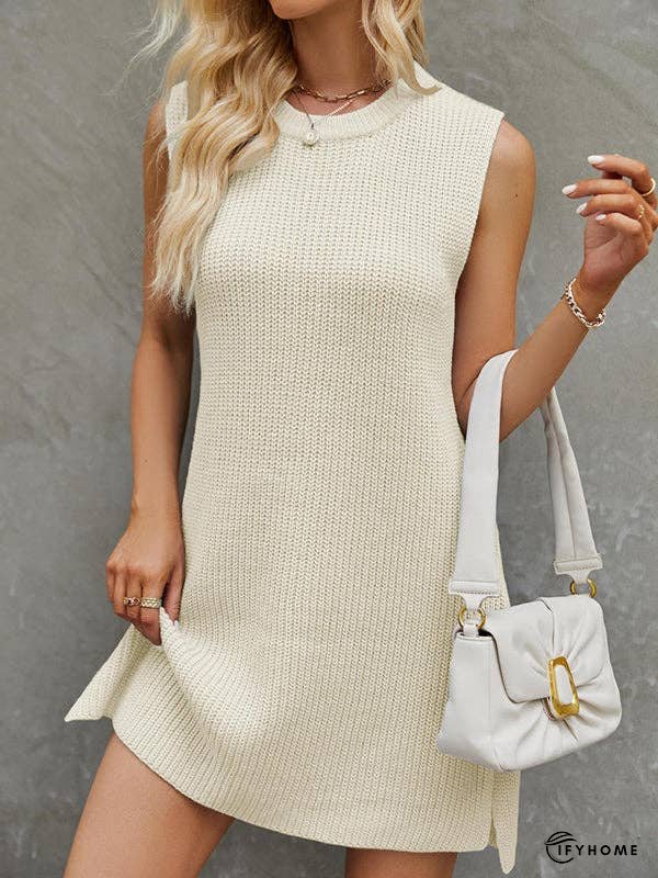 A-Line Loose Solid Color Split-Side Tied Waist Round-Neck Mini Dresses Sweater Dresses | IFYHOME