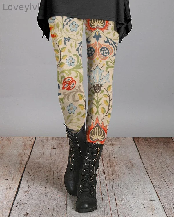 Retro Ethnic Floral Art Print Casual Leggings